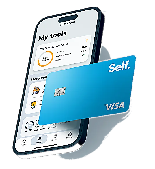 Self app showing Credit Builder Account progress with an overlapping Self Visa credit card